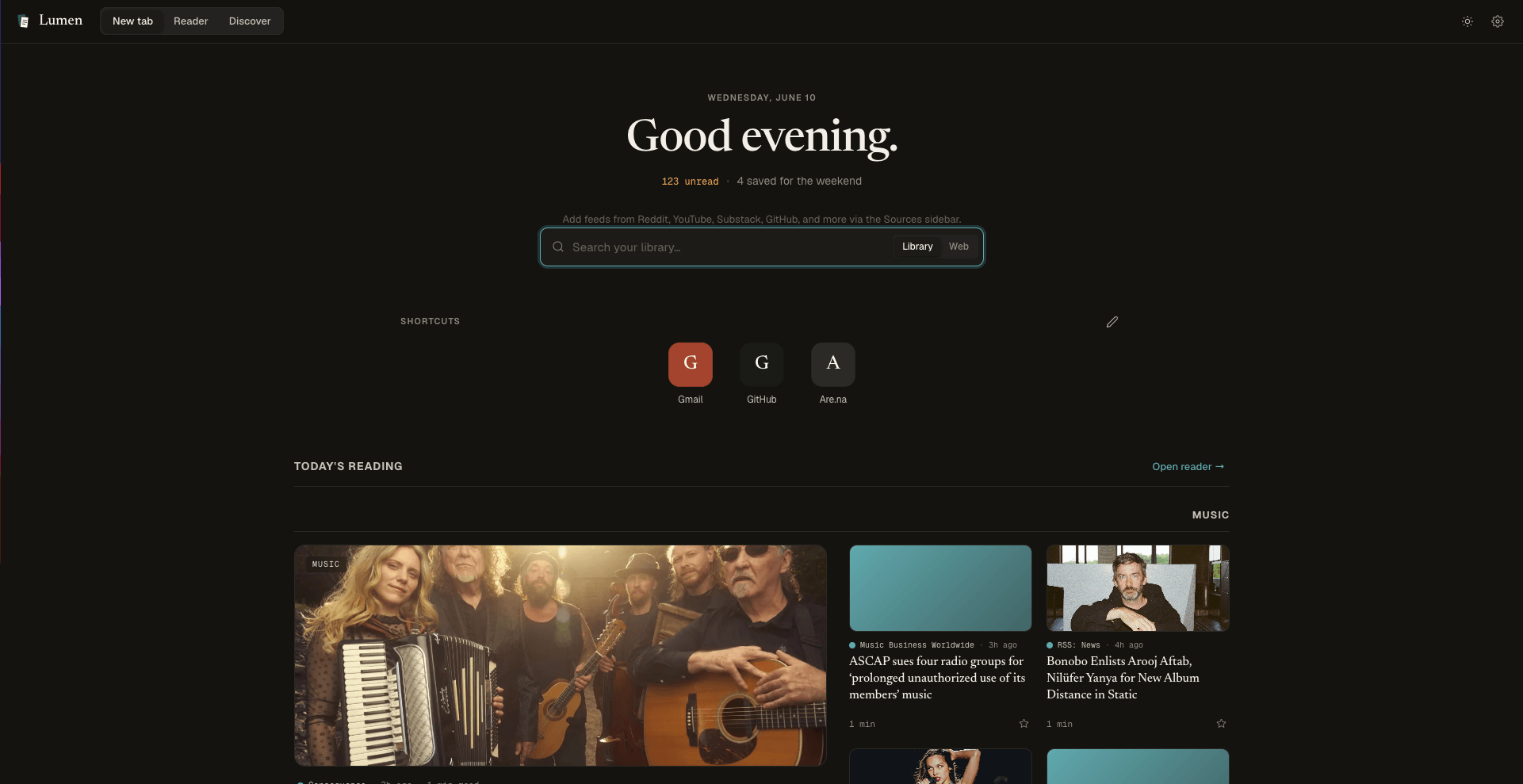 The Lumen new tab in dark mode: a centered greeting, a search bar, site shortcuts, and a magazine-style grid of today's articles with cover images.